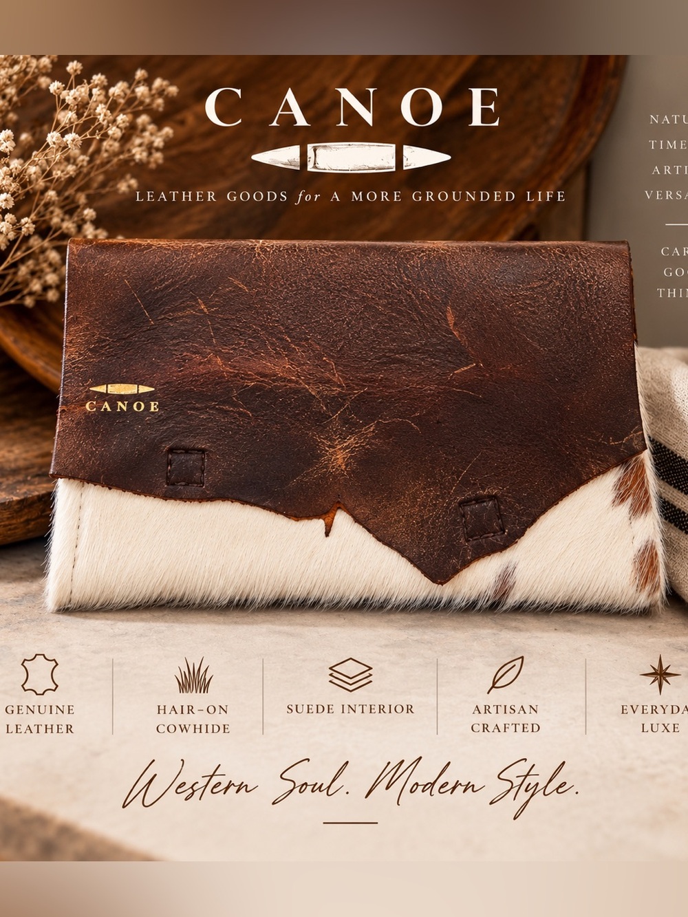 Canoe Leather Cowhide Clutch Hair-On Hide Envelope Pouch Western Boho